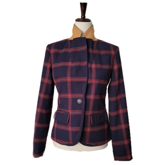 Plaid Blazer Jacket Wool Blend Navy & Red Dark Academia Hogwarts - Picture 2 of 10